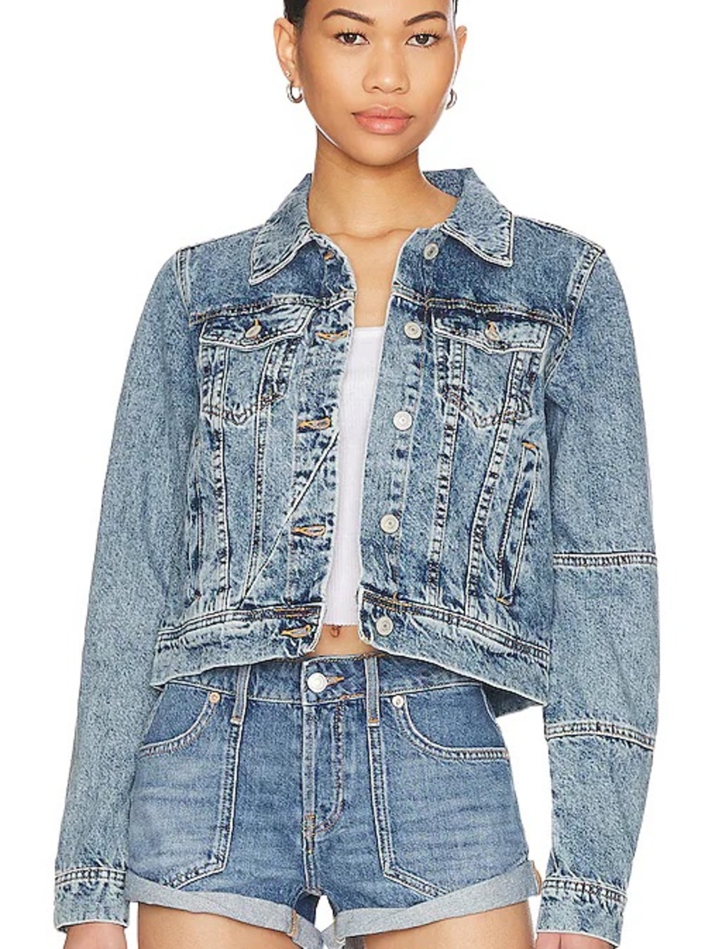 Free People Faded Light Blue Denim Trucker Jacket